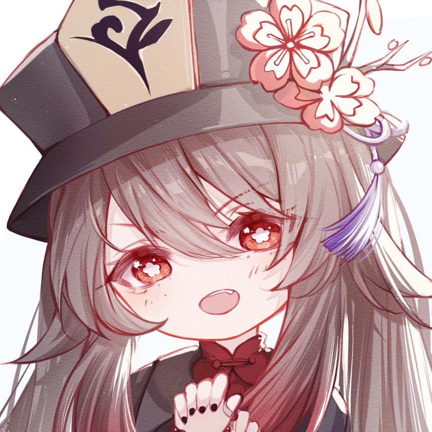1girl black_headwear black_nails brown_hair brown_shirt chinese_commentary close-up collared_shirt commentary fang flower flower-shaped_pupils genshin_impact hat hat_flower head_tilt highres hu_tao_(genshin_impact) long_hair looking_at_viewer morh open_mouth plum_blossoms red_eyes shirt simple_background solo symbol-shaped_pupils twintails upper_body white_background