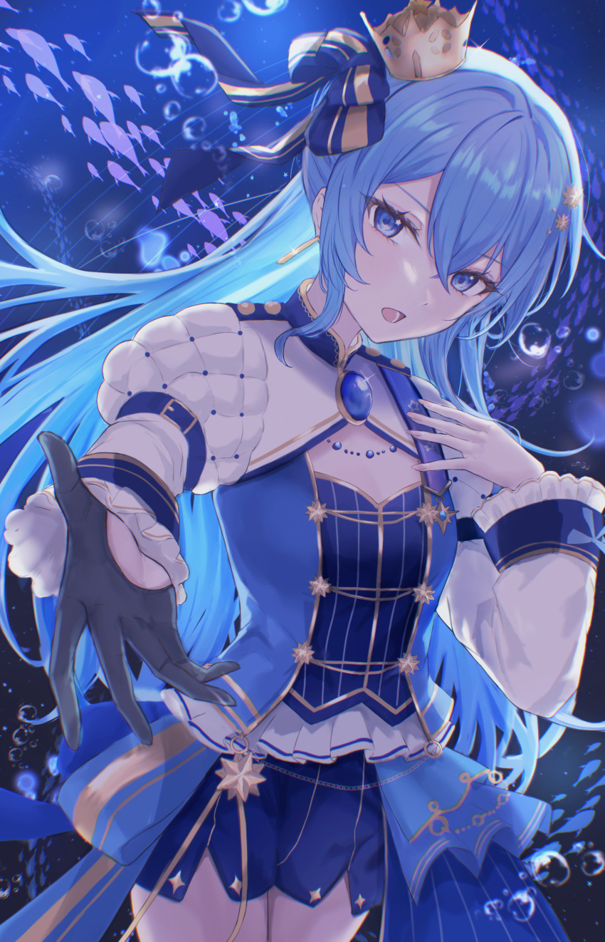 1girl absurdres blue_eyes blue_hair brooch crown foreshortening frills gloves hair_ribbon highres hololive hoshimachi_suisei jewelry juliet_sleeves long_hair long_sleeves looking_at_viewer mini_crown nolc official_alternate_costume open_mouth outstretched_arm puffy_sleeves ribbon shorts single_glove solo virtual_youtuber