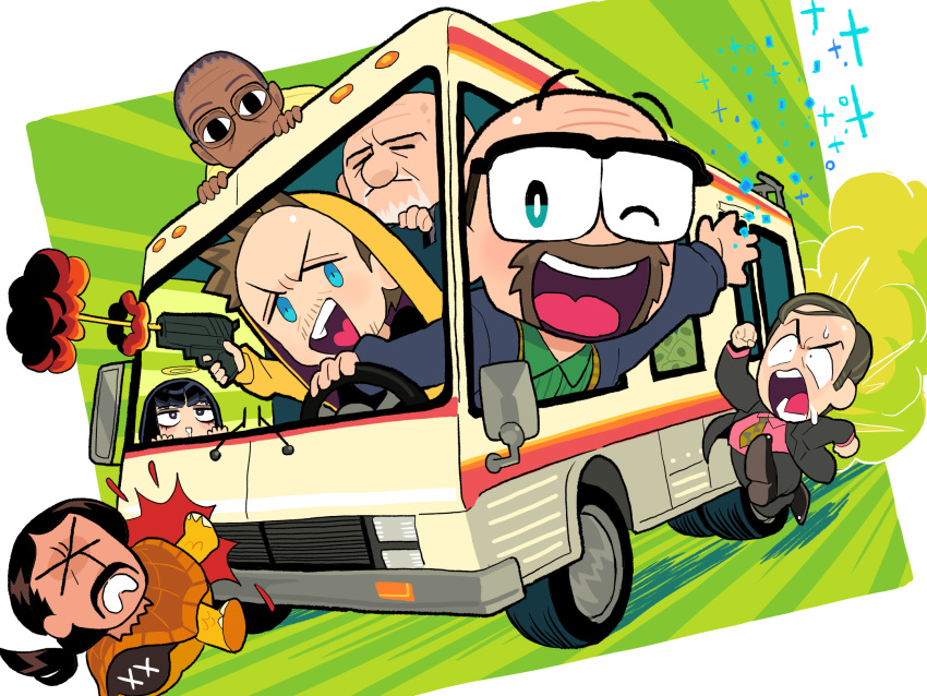 &gt;_&lt; 1girl 6+boys animification bald beard black_eyes black_hair blue_eyes breaking_bad brown_hair character_request chibi dark-skinned_male dark_skin driving facial_hair firing gashi-gashi glasses grey_hair ground_vehicle gun gustavo_fring halo handgun highres holding holding_gun holding_weapon hood hood_up jacket jesse_pinkman long_hair long_sleeves male_focus motor_vehicle multiple_boys necktie one_eye_closed pants running saul_goodman shirt short_hair smile steering_wheel tan v-shaped_eyebrows walter_white weapon