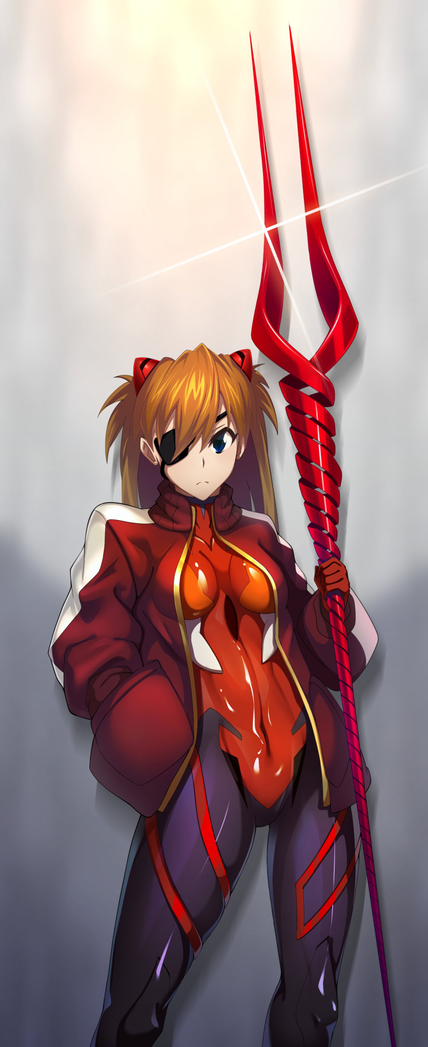 1girl absurdres bident blue_eyes bodysuit breasts contrapposto covered_navel eyepatch frown fukidashi_cotton highres jacket lance_of_longinus long_hair medium_breasts neon_genesis_evangelion orange_hair plugsuit rebuild_of_evangelion red_bodysuit red_jacket solo souryuu_asuka_langley sparkle