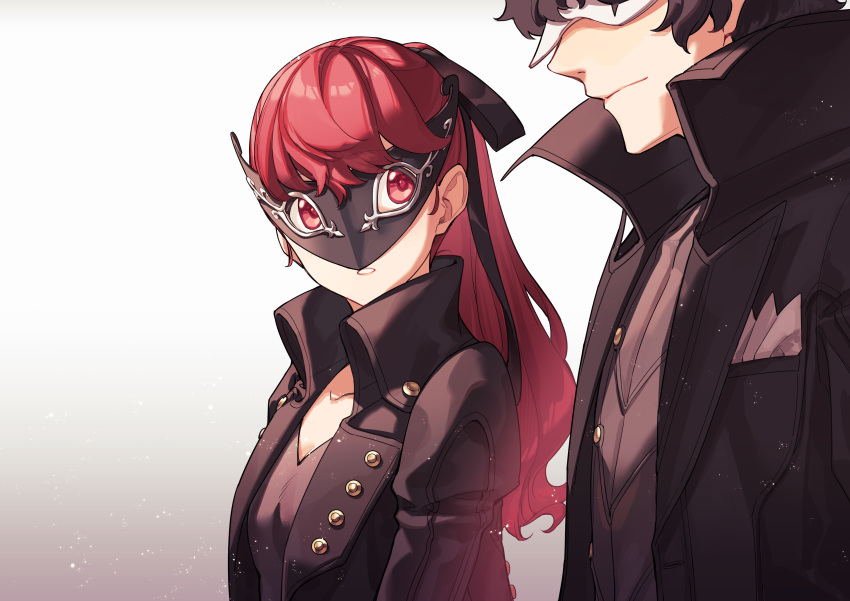 1boy 1girl absurdres amamiya_ren black_coat black_hair black_mask black_ribbon coat collarbone hair_ribbon highres long_coat looking_at_another mask parted_lips persona persona_5 ponytail red_eyes redhead ribbon staring tsubsa_syaoin white_mask yoshizawa_kasumi