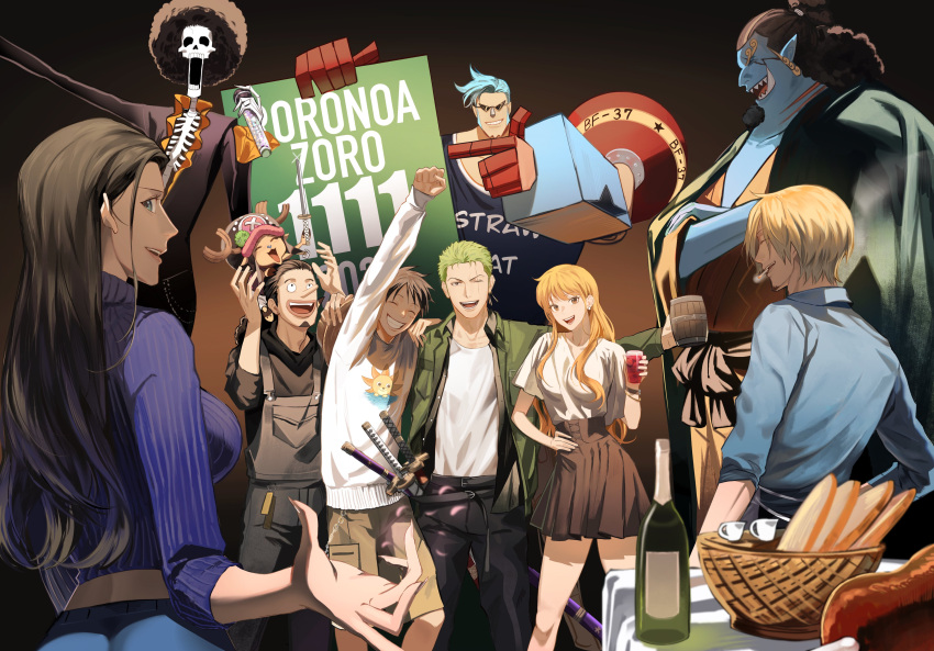 2girls 6+boys absurdres alternate_costume birthday blonde_hair brook_(one_piece) casual collared_shirt curly_eyebrows cyborg facial_hair franky_(one_piece) goatee green_hair group_picture hair_over_one_eye highres jinbe_(one_piece) kotomine_(a1569) latex long_nose male_focus merman monkey_d._luffy monster_boy multiple_boys multiple_girls nami_(one_piece) nico_robin one_piece pants roronoa_zoro sanji_(one_piece) scar scar_across_eye shirt short_hair skeleton sunglasses tony_tony_chopper usopp
