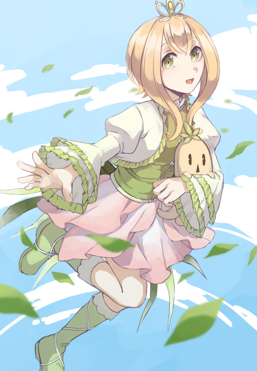 1girl :d bangs blonde_hair blue_background blue_sky boots bow cardigan curly_hair falling_leaves flower_skirt frilled_cardigan gem green_eyes green_footwear green_gemstone green_shirt highres holding holding_stuffed_toy juliet_sleeves leaf leg_up long_sleeves looking_at_viewer magia_record:_mahou_shoujo_madoka_magica_gaiden magical_girl mahou_shoujo_madoka_magica medium_hair miniskirt moomoofoo open_cardigan open_clothes pink_skirt puffy_sleeves reaching_towards_viewer satori_kagome shirt sidelocks skirt sky smile solo stuffed_toy white_bow