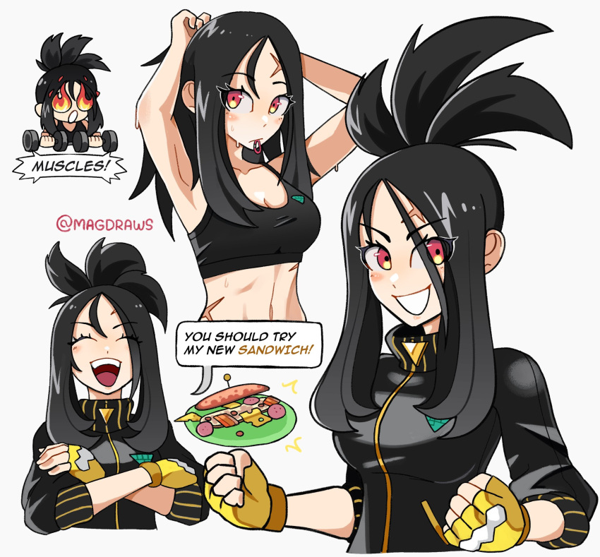 1girl black_hair black_jacket breasts cross_scar dendra_(pokemon) exercise fingerless_gloves food gloves hair_down highres jacket long_hair looking_at_viewer mag_(magdraws) midriff multiple_views open_mouth pokemon pokemon_(game) pokemon_sv ponytail sandwich scar scar_on_face scar_on_forehead smile solo speech_bubble track_jacket weightlifting yellow_gloves