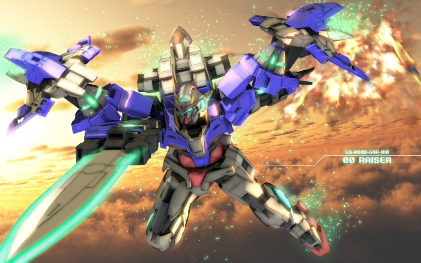 00_raiser 3d arm_blade character_name clouds cloudy_sky commentary_request english_text explosion flying glowing glowing_eyes gn_drive green_eyes gundam gundam_00 highres holding holding_sword holding_weapon light_particles mecha mobile_suit no_humans robot sky solo sword v-fin weapon zefai