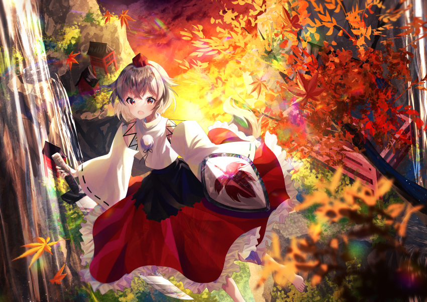 1girl absurdres architecture black_skirt blurry blurry_foreground frilled_skirt frills hat highres holding holding_shield holding_sword holding_weapon inubashiri_momiji leaf leaf_print long_sleeves maple_leaf maple_leaf_print nettian51 open_mouth outdoors red_eyes red_headwear red_skirt shield shirt short_hair skirt sky solo sword tokin_hat touhou tree two-tone_skirt water waterfall weapon white_hair white_shirt