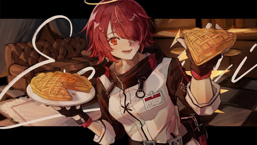 1girl angel apple_pie arknights bangs black_gloves couch counter detached_wings energy_wings exusiai_(arknights) fingerless_gloves food gloves hair_over_one_eye halo highres holding holding_food indoors jacket long_sleeves looking_at_viewer open_mouth pie pie_slice qitenglanlanzi red_eyes redhead short_hair smile solo stool upper_body white_jacket wings