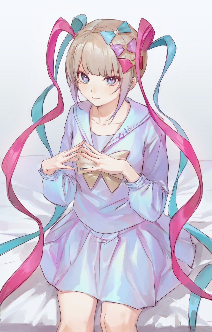 1girl absurdres blonde_hair blue_bow blue_eyes blue_hair blue_shirt blue_skirt bow bowtie chouzetsusaikawa_tenshi-chan closed_mouth feet_out_of_frame hair_bow heart highres iridescent long_hair long_sleeves looking_at_viewer multicolored_nails nail_polish needy_girl_overdose on_bed pink_bow pink_hair quad_tails red_bow shirt sitting skirt smile solo steepled_fingers very_long_hair yellow_bow yellow_bowtie zhongmu