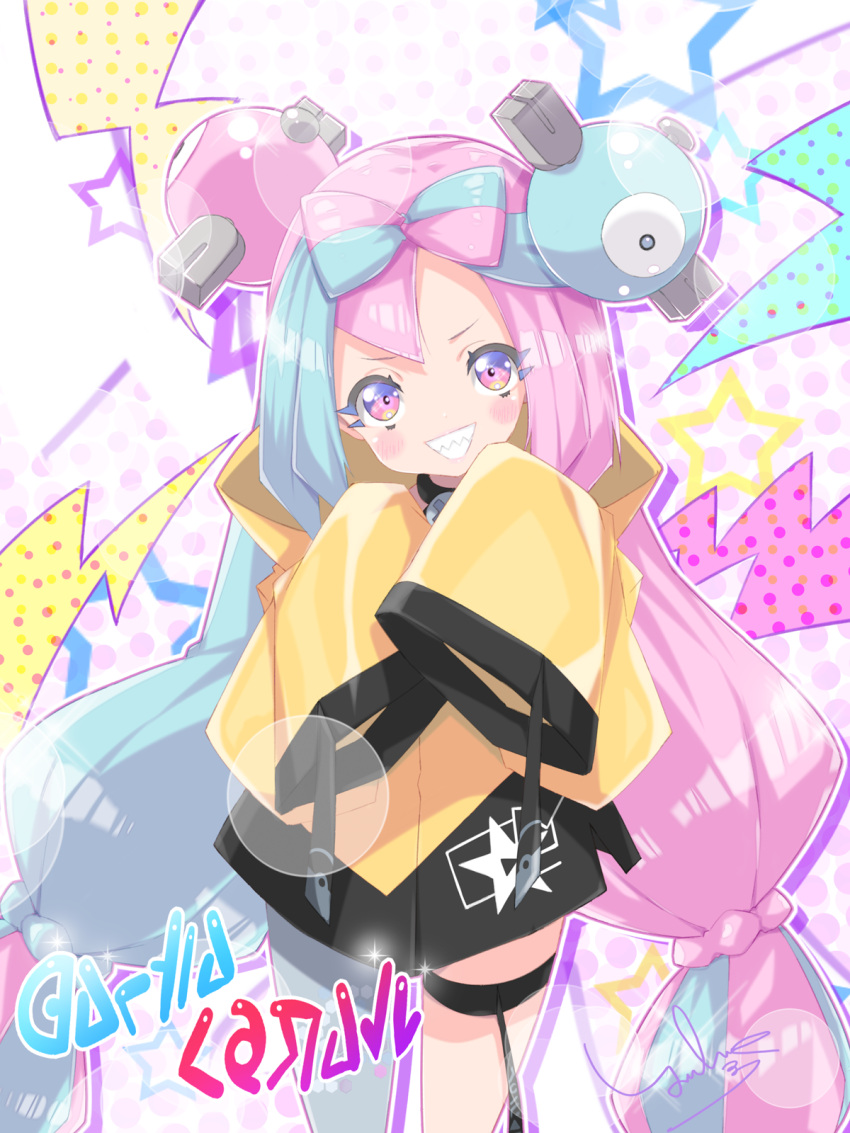 1girl bow-shaped_hair character_hair_ornament grey_pantyhose hair_ornament hexagon_print highres iono_(pokemon) jacket long_hair low-tied_long_hair multicolored_hair oversized_clothes pantyhose pokemon pokemon_(game) pokemon_sv sharp_teeth single_leg_pantyhose sleeves_past_fingers sleeves_past_wrists split-color_hair teeth twintails very_long_sleeves x yellow_jacket yukinon_(tsuki_koubou)