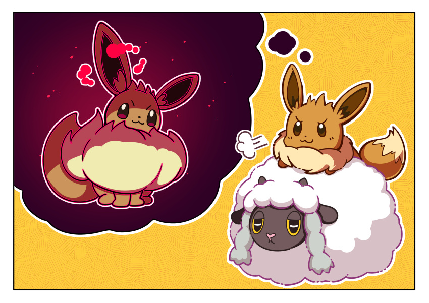 :&lt; :3 =3 absurdres eevee fukidashi_cotton furrowed_brow gigantamax gigantamax_eevee half-closed_eyes highres imagining imitating no_humans pokemon pokemon_(creature) sheep tail unamused v-shaped_eyebrows wooloo