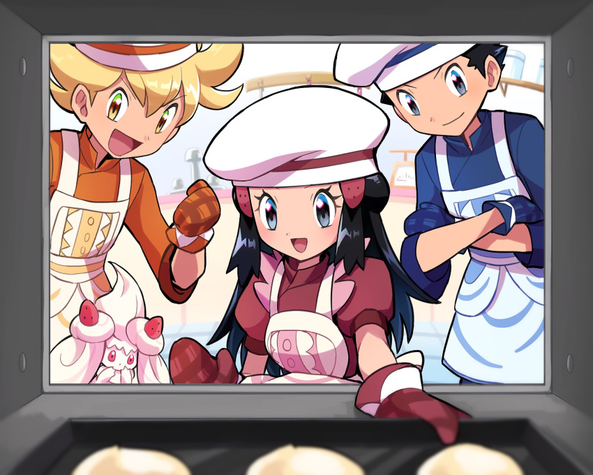 1girl 2boys :d alcremie apron barry_(pokemon) black_eyes black_hair blonde_hair blue_jacket blurry blurry_foreground brown_eyes closed_mouth commentary_request crossed_arms dawn_(palentine's_2021)_(pokemon) hat highres hikari_(pokemon) jacket long_hair lucas_(pokemon) mittens multiple_boys official_alternate_costume open_mouth orange_jacket pokemon pokemon_(game) pokemon_dppt pokemon_masters_ex red_jacket sawarabi_(sawarabi725) shiny shiny_hair short_sleeves smile twitter_username white_headwear