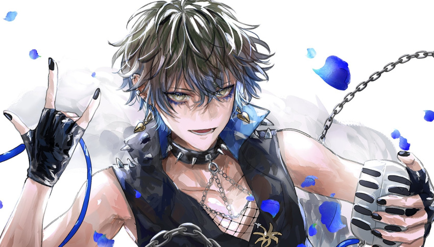 1boy \m/ asano_(kazusasn) bare_shoulders black_nails black_vest blue_eyeshadow blue_hair blue_petals brown_hair chain collar commentary earrings english_commentary eyeshadow fingerless_gloves fishnet_top fishnets gloves gradient_hair green_eyes highres ike_eveland jewelry looking_at_viewer makeup male_focus microphone multicolored_hair nijisanji nijisanji_en popped_collar short_hair solo spiked_collar spikes upper_body vest virtual_youtuber white_background