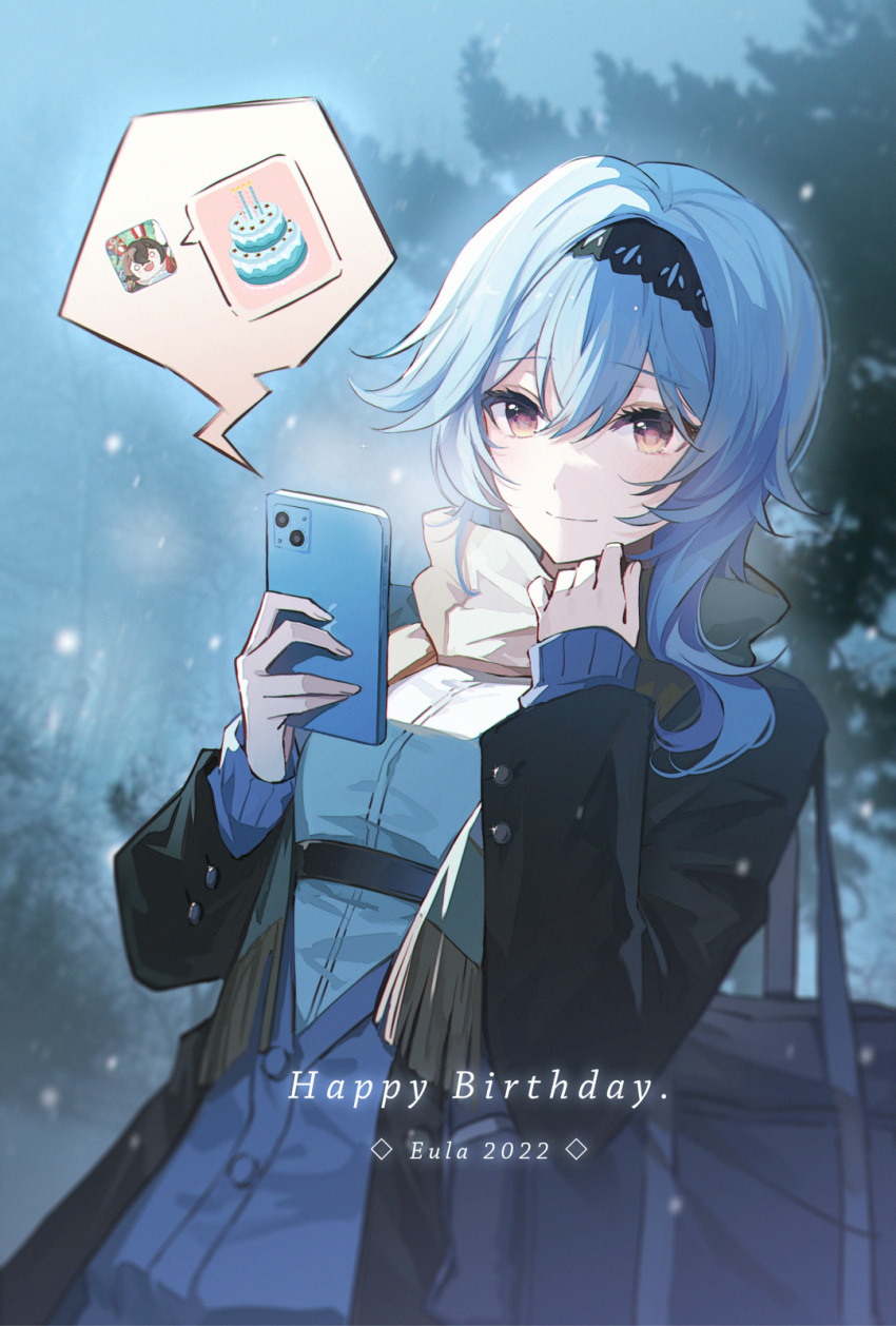 1girl bag bangs blue_hair breasts brown_eyes canon_(aria) cellphone coat eula_(genshin_impact) eyebrows_hidden_by_hair genshin_impact hair_between_eyes hairband happy_birthday highres holding holding_phone long_hair looking_at_viewer outdoors phone scarf school_bag school_uniform smartphone smile snow snowing solo tree winter winter_clothes winter_uniform