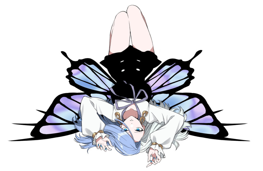 1girl aneco_(westsea1227) bare_legs blue_eyes blue_hair blue_nails breasts butterfly_wings commission dangle_earrings earrings english_commentary full_body gold_earrings highres indie_virtual_youtuber jewelry knees_up long_hair looking_at_viewer lying monarch_(amalee) multicolored_hair neck_ribbon on_back parted_lips puffy_sleeves ribbon simple_background solo split-color_hair two-tone_hair upside-down v-shaped_eyebrows white_background white_hair wings
