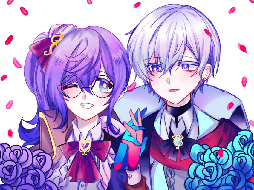 1boy 1girl alternate_costume bangs blue_eyes blue_flower blue_gloves blue_rose blush commentary elsword english_commentary flower glasses gloves hair_between_eyes hair_ornament highres holding_hands light_purple_hair long_hair looking_at_another looking_to_the_side mimimou400 noah_ebalon nyx_pieta_(elsword) one_eye_closed petals purple_flower purple_hair purple_rose red_gloves rose short_hair side_ponytail sidelocks simple_background smile teeth upper_body valentine violet_eyes white_background yuria_landar
