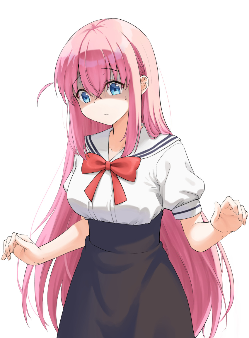 1girl bangs black_skirt blue_eyes bocchi_the_rock! bow breasts closed_mouth commentary cowboy_shot gotou_hitori hair_between_eyes hands_up high-waist_skirt highres long_hair looking_down m_kong medium_breasts pink_hair puffy_short_sleeves puffy_sleeves red_bow sailor_collar school_uniform shaded_face shirt short_sleeves simple_background skirt solo sweatdrop white_background white_sailor_collar white_shirt