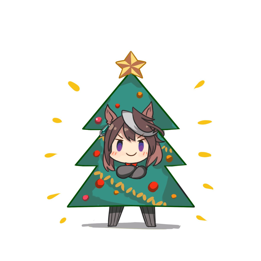 1girl alternate_costume animal_ears brown_hair chibi christmas_tree christmas_tree_costume closed_mouth crossed_arms earrings full_body highres horse_ears horse_girl jewelry kusanagi_kaoru long_hair multicolored_hair simple_background single_earring smile solo streaked_hair symboli_rudolf_(umamusume) umamusume violet_eyes white_background