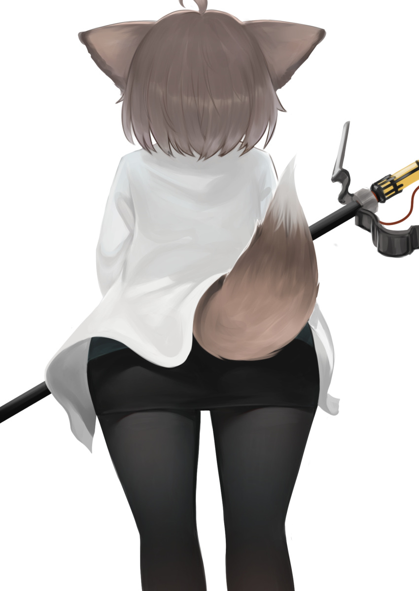 1girl ahoge animal_ears arknights black_pantyhose black_skirt brown_hair commentary_request dokomon facing_away fox_ears fox_girl fox_tail from_behind highres jacket korean_commentary pantyhose simple_background skirt solo sussurro_(arknights) tail white_background white_jacket