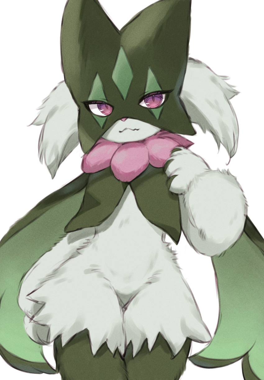 1girl animal_hands body_fur breasts claws cowboy_shot fang furry furry_female green_fur hand_up highres looking_at_viewer mask meowscarada pokemon pokemon_(creature) red_eyes simple_background skin_fang smile solo standing white_background xuetu