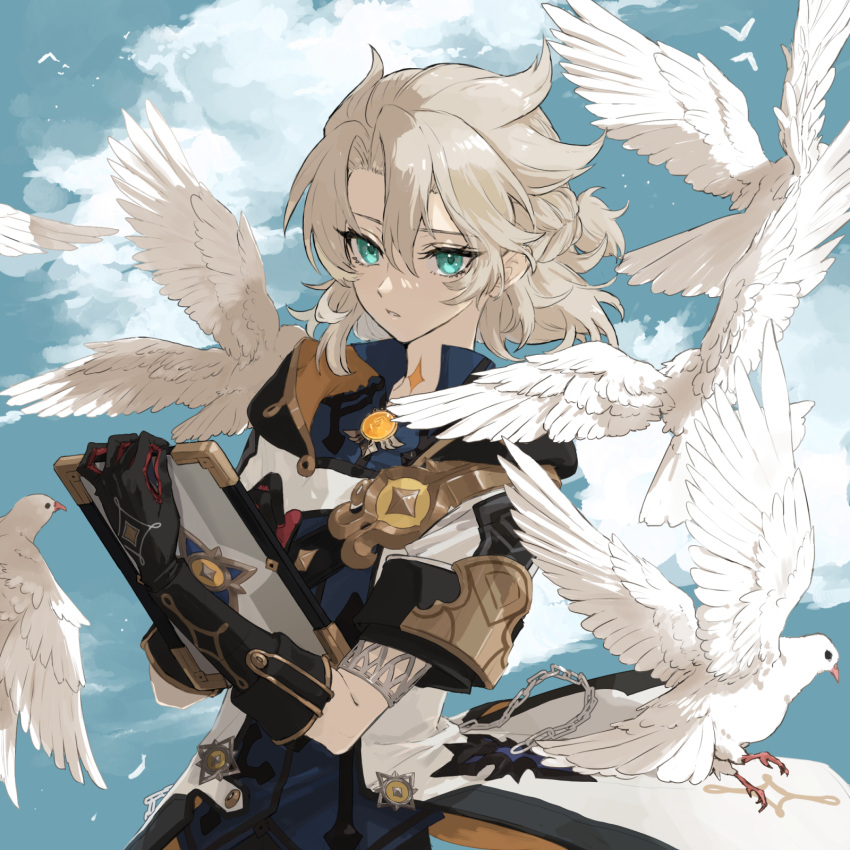 1boy albedo_(genshin_impact) aqua_eyes bangs bird black_gloves blue_shirt blue_sky braid chain clipboard clouds coat collared_shirt commentary_request day dove expressionless eyelashes genshin_impact gloves gold_trim hair_between_eyes hand_up highres holding holding_clipboard hood hood_down hooded_coat light_brown_hair looking_at_viewer male_focus medium_hair open_clothes open_coat outdoors parted_bangs parted_lips ponytail scar scar_on_neck shirt short_ponytail short_sleeves sidelocks sky solo standing star_(symbol) ta_ma_on upper_body vision_(genshin_impact) white_coat