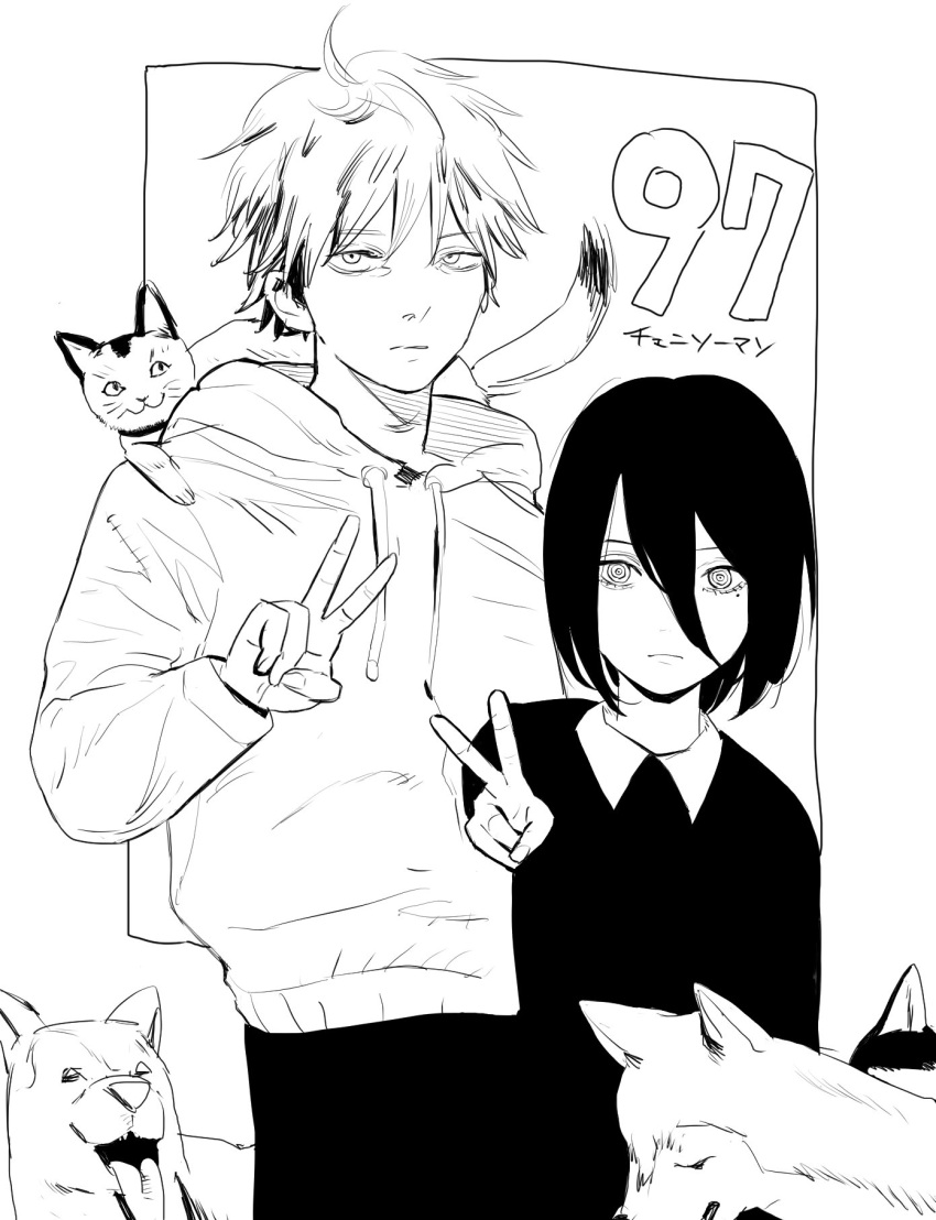 1boy 1girl animal animal_on_back black_dress black_hair black_pants cat chainsaw_man denji_(chainsaw_man) dog dress greyscale hair_between_eyes height_difference highres hood hoodie looking_at_viewer meowy_(chainsaw_man) monochrome nayuta_(chainsaw_man) pants riki_(riki_unc) ringed_eyes short_hair simple_background tongue tongue_out v white_background white_hair white_hoodie