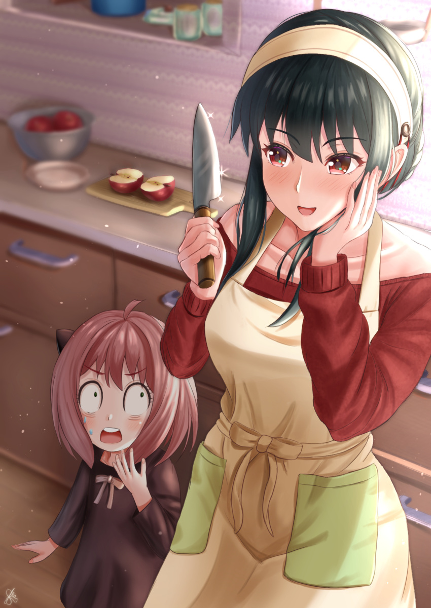 2girls age_difference ahoge akiyama0818 alternate_eye_color anya_(spy_x_family) apple apple_slice apron bangs bare_shoulders basin black_dress black_hair child cutting_board day drawer dress female_child food fruit hair_ribbon hairband hairpods hand_on_own_head hand_to_own_mouth height_difference highres holding holding_knife holding_weapon indoors jar kitchen kitchen_knife knife light long_sleeves mason_jar mother_and_daughter multiple_girls open_mouth pink_hair plate pocket red_ribbon red_sweater ribbon shiny shiny_hair short_hair sparkling_eyes spy_x_family surprised sweater teeth upper_teeth weapon white_ribbon wooden_floor yellow_apron yellow_hairband yellow_ribbon yor_briar