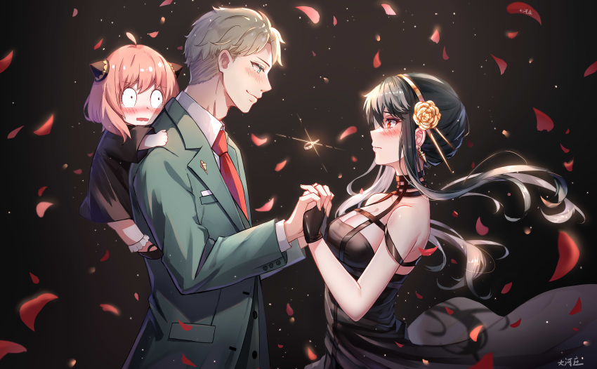 1boy 2girls absurdres anya_(spy_x_family) bangs belt black_gloves black_hair blonde_hair blue_eyes blush breasts dahe_zhuang_(yishi_fanhua) dress eyebrows_hidden_by_hair family fingerless_gloves formal gloves hair_between_eyes highres holding_hands long_hair looking_at_another multiple_girls necktie off-shoulder_dress off_shoulder open_mouth pink_hair red_eyes short_hair smile spy_x_family suit twilight_(spy_x_family) yor_briar