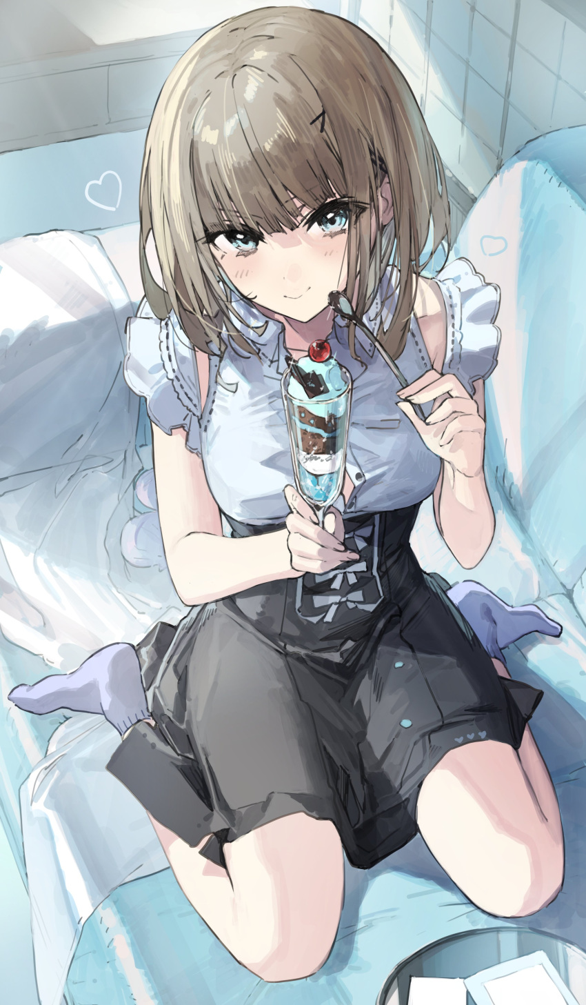 1girl absurdres bangs black_skirt blue_eyes blue_shirt brown_hair couch cup hair_ornament hairpin heart highres holding holding_cup holding_ice_cream holding_spoon kneeling looking_at_viewer medium_hair on_couch original shirt short_sleeves skirt smile socks solo spoon wattaro