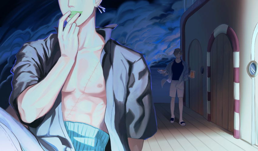2boys abs alternate_costume bare_pectorals beer_mug black_tank_top blonde_hair collared_shirt cup curly_eyebrows facial_hair full_body goatee green_hair hair_over_one_eye highres holding holding_cup kotomine_(a1569) leaf looking_at_another loose_necktie male_focus moonlight mug multiple_boys necktie nipples one_piece pectorals perspective roronoa_zoro sanji_(one_piece) scar scar_across_eye shirt short_hair tank_top upper_body wind