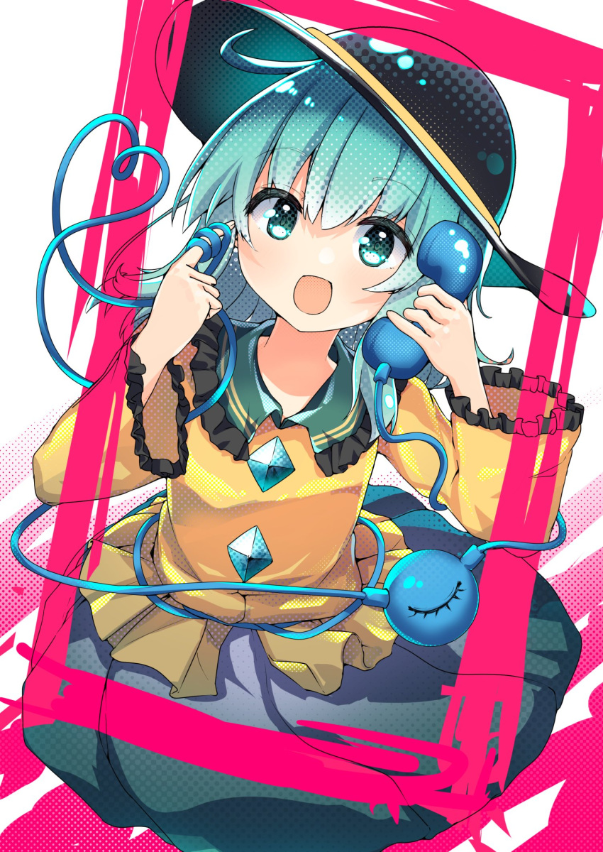 1girl black_headwear blouse bow buttons commentary_request diamond_button eyeball fedora frilled_shirt_collar frilled_sleeves frills green_eyes green_hair green_skirt hat hat_bow hat_ribbon heart heart-shaped_pupils heart_of_string highres holding holding_phone komeiji_koishi long_sleeves medium_hair phone ribbon rpameri shirt skirt solo symbol-shaped_pupils third_eye touhou wide_sleeves yellow_bow yellow_ribbon yellow_shirt