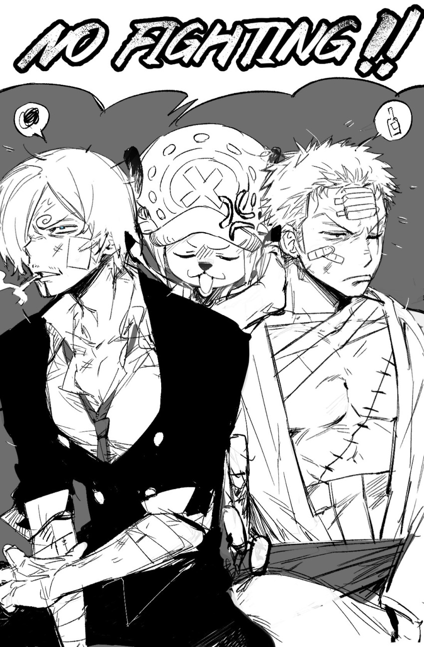 3boys anger_vein annoyed bandage_over_one_eye blonde_hair bruise collared_shirt curly_eyebrows english_text facial_hair frown goatee hair_over_one_eye highres injury loose_necktie male_focus multiple_boys necktie one_piece roronoa_zoro sanji_(one_piece) scar scar_across_eye shirt short_hair sketch tony_tony_chopper ynnn_m