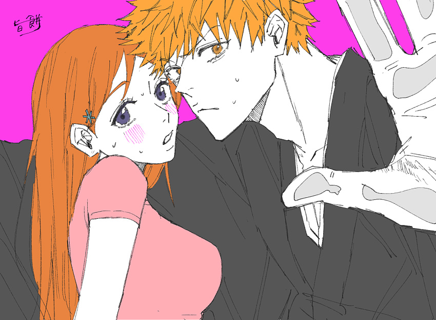 1boy bleach blush collarbone couple hair_ornament hairpin hetero inoue_orihime japanese_clothes kurosaki_ichigo lips long_hair looking_at_viewer moccimoccio orange_hair parted_lips pink_background pink_shirt shirt short_hair short_sleeves upper_body