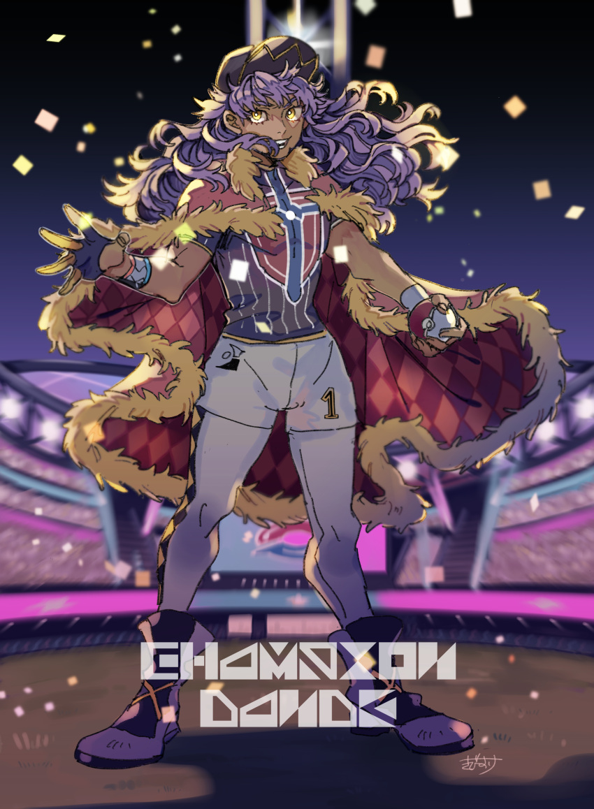 1boy :d absurdres argyle baseball_cap cape champion_uniform character_name commentary_request confetti dark-skinned_male dark_skin dynamax_band facial_hair full_body fur-trimmed_cape fur_trim gloves hat highres holding holding_poke_ball kibisuke_(bisvv) leggings legs_apart leon_(pokemon) long_hair male_focus partially_fingerless_gloves poke_ball poke_ball_(basic) pokemon pokemon_(game) pokemon_swsh purple_hair red_cape shirt shoes short_shorts short_sleeves shorts single_glove smile solo stadium standing teeth white_shorts yellow_eyes