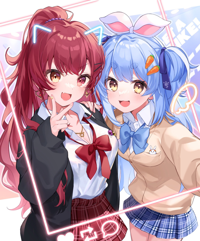 2girls blue_ribbon blue_skirt blush bow breasts carrot_hair_ornament earrings food-themed_hair_ornament hair_bow hair_ornament hair_ribbon heart heart_earrings heterochromia highres hololive houshou_marine jewelry large_breasts long_hair long_sleeves looking_at_viewer multiple_girls open_mouth pisuke_wan ponytail red_ribbon red_skirt redhead ribbed_sweater ribbon selfie shirt skirt smile sweater usada_pekora v v_over_mouth virtual_youtuber white_shirt yellow_eyes