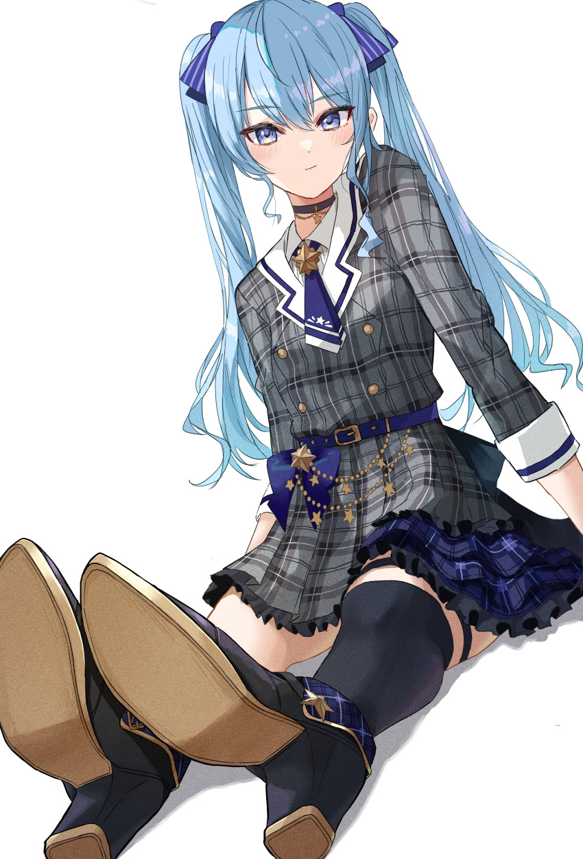 1girl absurdres aqua_hair bangs belt black_choker blue_ribbon boots choker cowboy_shot head_tilt high_heel_boots high_heels highres hololive hoshimachi_suisei long_hair looking_at_viewer necktie ribbon sitting smile solo tagosaku_(tatsukiuma0329) thigh_strap twintails