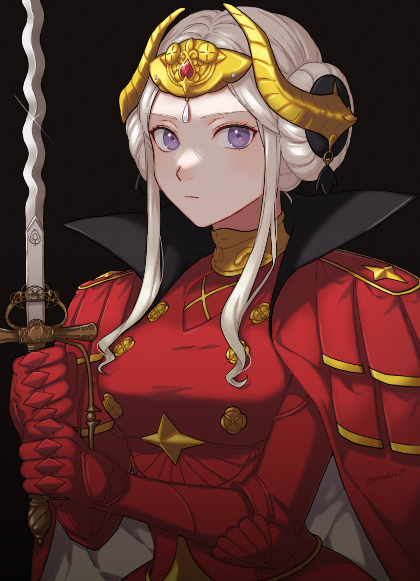 1girl armor armored_dress black_background buttons cape closed_mouth commentary double_bun dress edelgard_von_hresvelg fake_horns fire_emblem fire_emblem:_three_houses gauntlets hair_bun hair_ornament high_collar highres holding holding_sword holding_weapon horn_ornament horns looking_at_viewer peach11_01 red_cape red_dress sidelocks simple_background solo sword tiara violet_eyes weapon white_hair