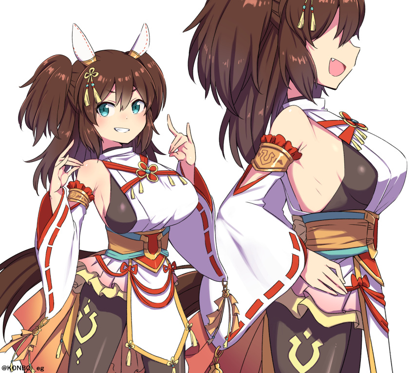 1girl absurdres alternate_costume animal_ears armpits blue_eyes blush breasts brown_hair commentary_request detached_sleeves fang fox_shadow_puppet hair_between_eyes hair_ornament highres horse_ears horse_girl horse_tail inari_one_(umamusume) konboi-eg large_breasts long_hair looking_at_viewer multiple_views sideboob tail twintails twitter_username umamusume white_background