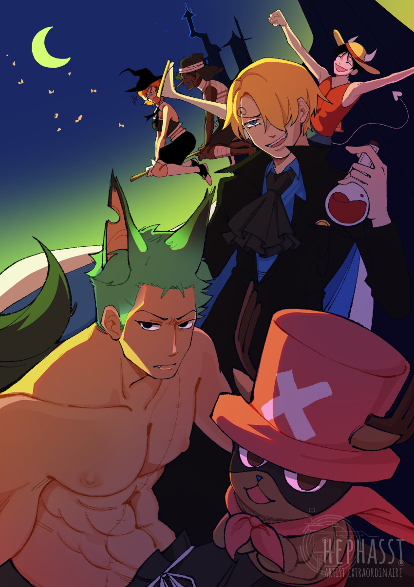 1girl 5boys absurdres alternate_costume animal_ears ascot black_ascot blonde_hair broom broom_riding collared_shirt curly_eyebrows facial_hair fangs goatee green_hair hair_over_one_eye halloween halloween_costume hat heph_(hephasst) highres holding horns kemonomimi_mode male_focus monkey_d._luffy multiple_boys nami_(one_piece) one_piece pectorals potion roronoa_zoro sanji_(one_piece) shirt short_hair smile tail toned toned_male tony_tony_chopper usopp witch_hat wolf_boy wolf_ears wolf_tail