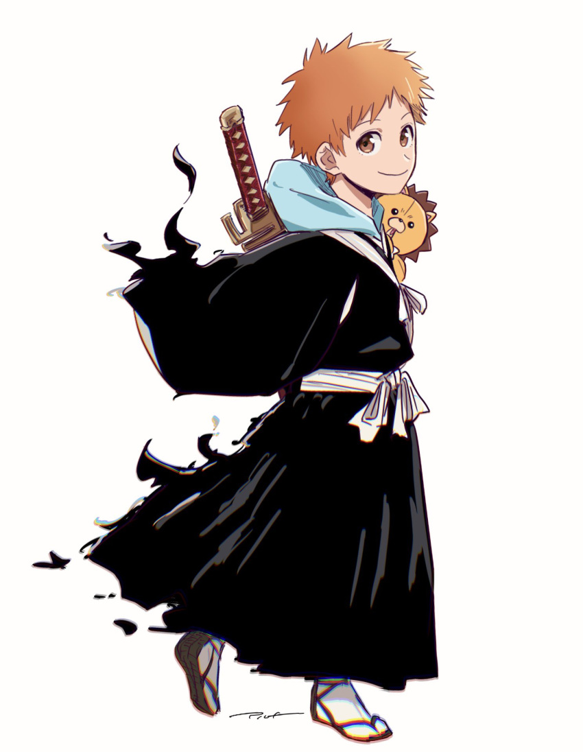 1boy black_hakama bleach bleach:_epilogue blue_hoodie brown_eyes choko_egg full_body hakama highres hood hoodie japanese_clothes kon_(bleach) kurosaki_kazui long_sleeves looking_at_viewer male_focus orange_hair short_hair socks solo sword tabi weapon white_socks zouri