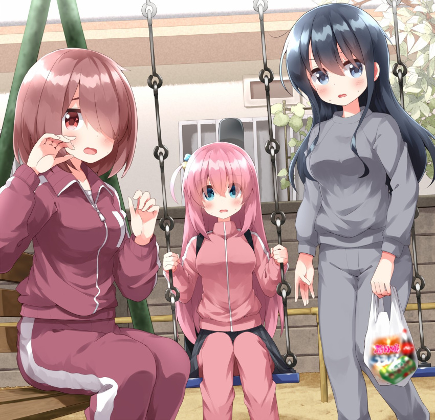 3girls bag black_hair blue_eyes blush bocchi_the_rock! breasts brown_hair character_request commentary_request hair_over_one_eye highres jacket large_breasts long_hair looking_at_viewer medium_hair multiple_girls open_mouth pants pink_hair plastic_bag ruu_(tksymkw) sitting track_jacket trait_connection