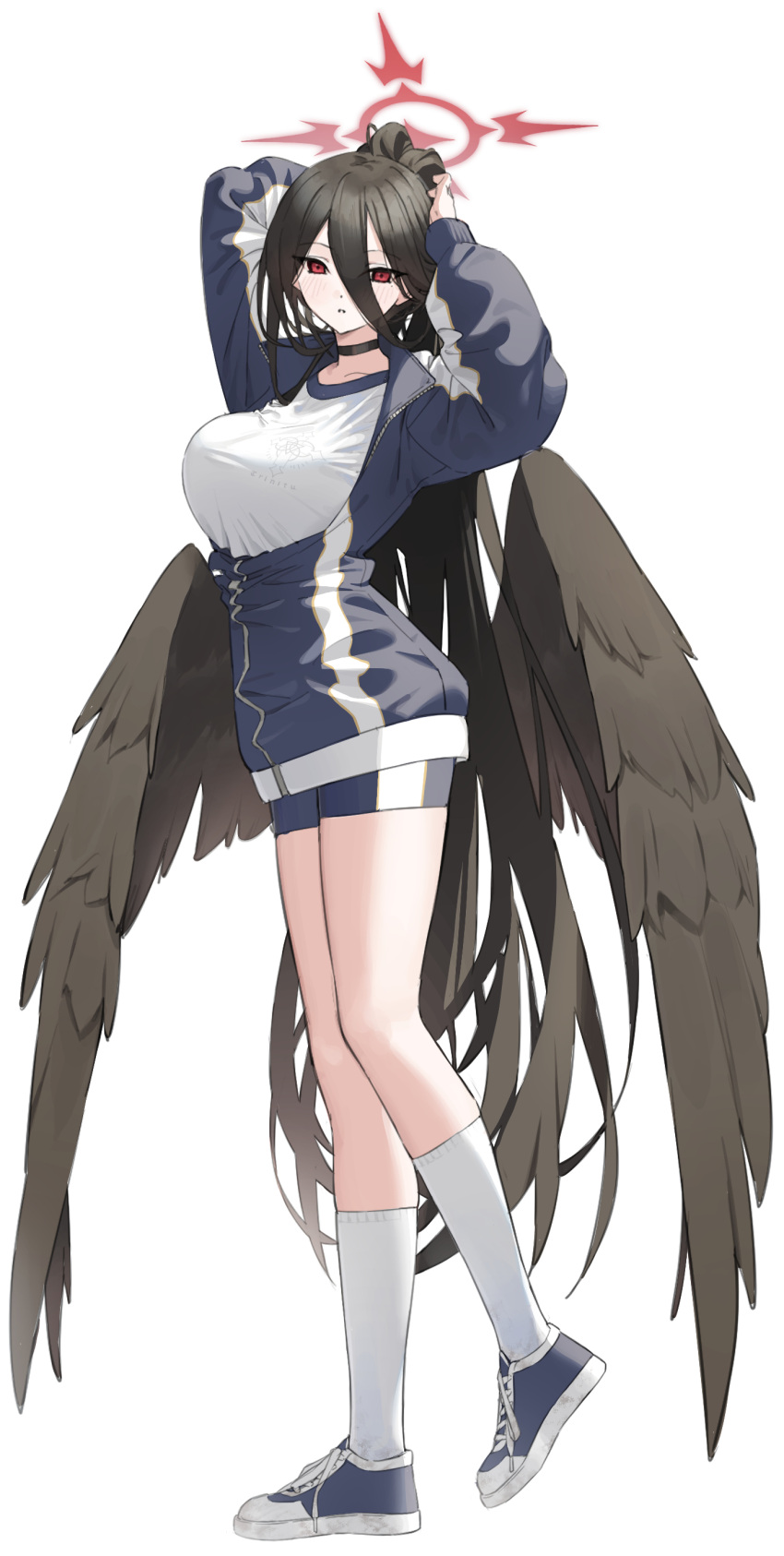 1girl absurdres arms_behind_head arms_up bangs black_choker black_hair black_wings blue_archive blue_footwear blue_jacket blue_shorts blush breasts choker commentary feathered_wings full_body hair_between_eyes halo hasumi_(blue_archive) hasumi_(gym_uniform)_(blue_archive) highres jacket joker_(tomakin524) large_breasts legs long_hair long_sleeves looking_at_viewer low_wings multicolored_clothes multicolored_jacket parted_lips partially_unzipped ponytail red_eyes shirt short_shorts shorts sidelocks simple_background socks solo standing standing_on_one_leg tachi-e taut_clothes taut_shirt thighs track_jacket two-tone_footwear two-tone_jacket two-tone_shorts very_long_hair white_background white_shirt white_socks wings