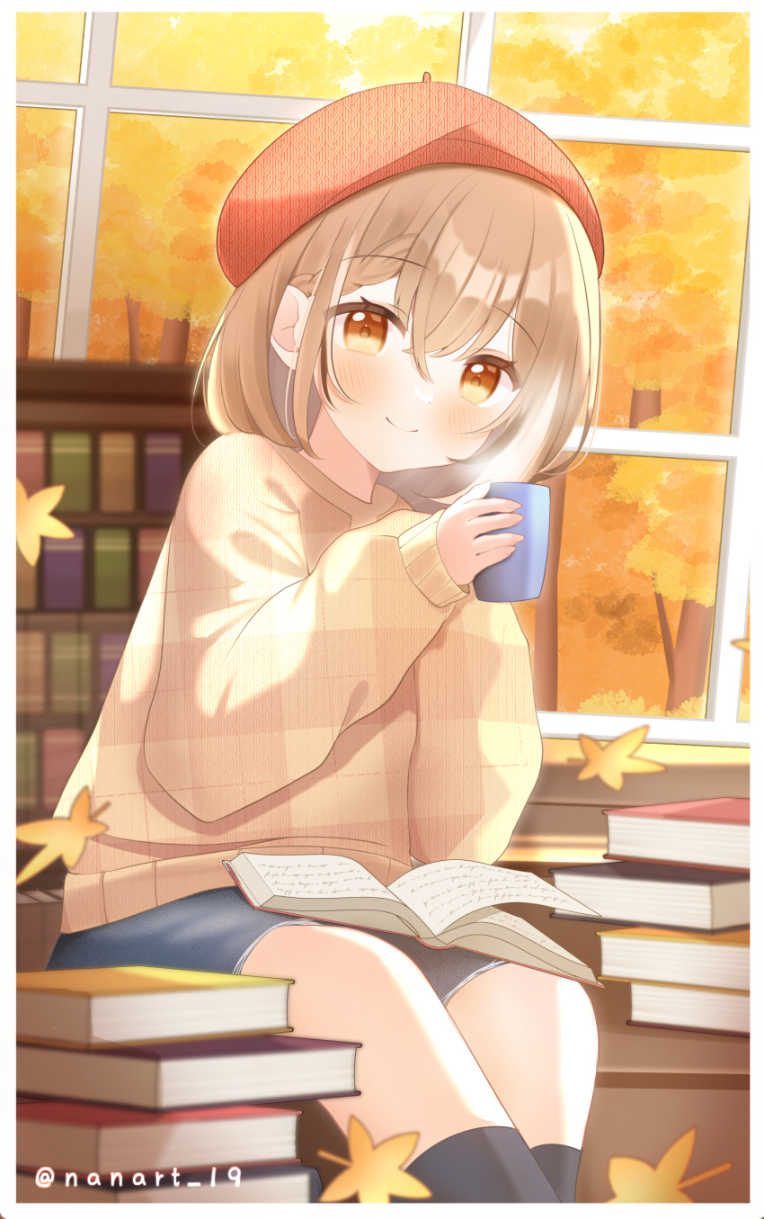 1girl ahoge alternate_costume autumn autumn_leaves bangs beret book book_stack bookshelf braid braided_bangs brown_eyes brown_hair casual cup hat highres holding holding_cup hololive hololive_english iqchan kneehighs looking_at_viewer mug multicolored_hair nanashi_mumei official_alternate_hairstyle red_headwear short_hair smile socks streaked_hair sweater virtual_youtuber window yellow_sweater
