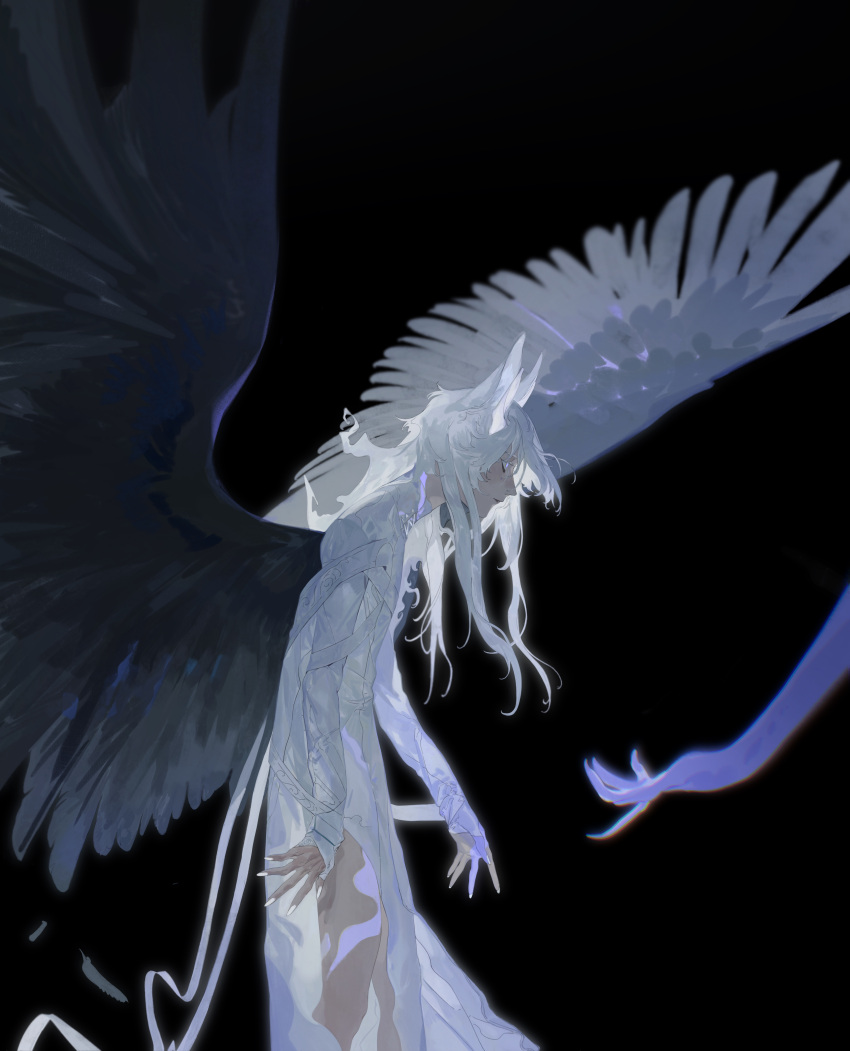 1boy absurdres androgynous animal_ears bangs beckoning black_background black_wings blue_skin body_markings colored_skin enduri feathered_wings feet_out_of_frame fox_ears from_side gloves highres hunched_over long_hair long_sleeves looking_at_another looking_away messy_hair multicolored_wings original out_of_frame partially_fingerless_gloves profile reaching ribbon robe side_slit simple_background solo_focus spread_wings standing walking white_hair white_nails white_ribbon white_robe wings