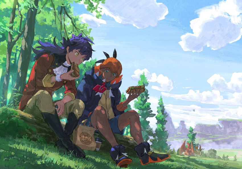 2boys bag black_footwear boots bright_pupils buttons charizard closed_mouth clouds commentary_request dark-skinned_male dark_skin day eating flygon food grass green_eyes headband holding holding_food hood hood_down hoodie jacket leon_(pokemon) long_hair looking_down male_focus multiple_boys orange_headband outdoors pants paper_bag pokemon pokemon_(creature) pokemon_(game) pokemon_swsh purple_hair raihan_(pokemon) red_jacket rotom rotom_phone sandwich shoes shorts sitting sky tree white_jabot white_pupils yellow_eyes zukki_(suzukio)