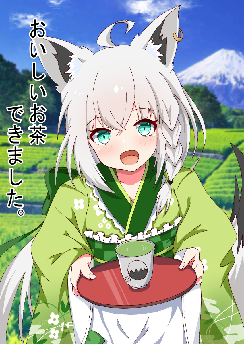 1girl absurdres ahoge animal_ear_fluff animal_ears apron bangs blush braid commentary_request cup day earrings fox_ears fox_girl fox_tail green_eyes green_kimono hair_between_eyes highres holding holding_plate hololive japanese_clothes jewelry kimono long_hair looking_at_viewer maid_apron matoi_mato mountain open_mouth outdoors plate shirakami_fubuki sidelocks single_braid solo tail tea translation_request virtual_youtuber wa_maid white_hair yunomi