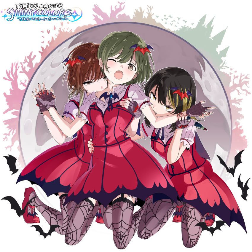 3girls ;o absurdres ahoge aketa_mikoto arm_around_waist bat_(animal) bat_hair_ornament biting black_hair blonde_hair brown_eyes brown_hair copyright_name dress earrings fang fangs fingerless_gloves full_moon garter_straps girl_sandwich gloves green_hair hair_ornament hairband hand_on_another's_chest highres holding_another's_wrist holding_hands idolmaster idolmaster_shiny_colors ikaruga_luca interlocked_fingers inuhadaka jewelry kneeling long_hair looking_at_viewer medium_hair moon multicolored_hair multiple_girls my_dear_vampire_(idolmaster) nail_polish nanakusa_nichika neck_biting necklace one_eye_closed open_mouth parody ponytail print_legwear puffy_sleeves red_dress red_footwear red_nails sandwiched shhis_(idolmaster) shoes short_dress short_hair spider_web_print sweat thigh-highs vampire wince yellow_eyes