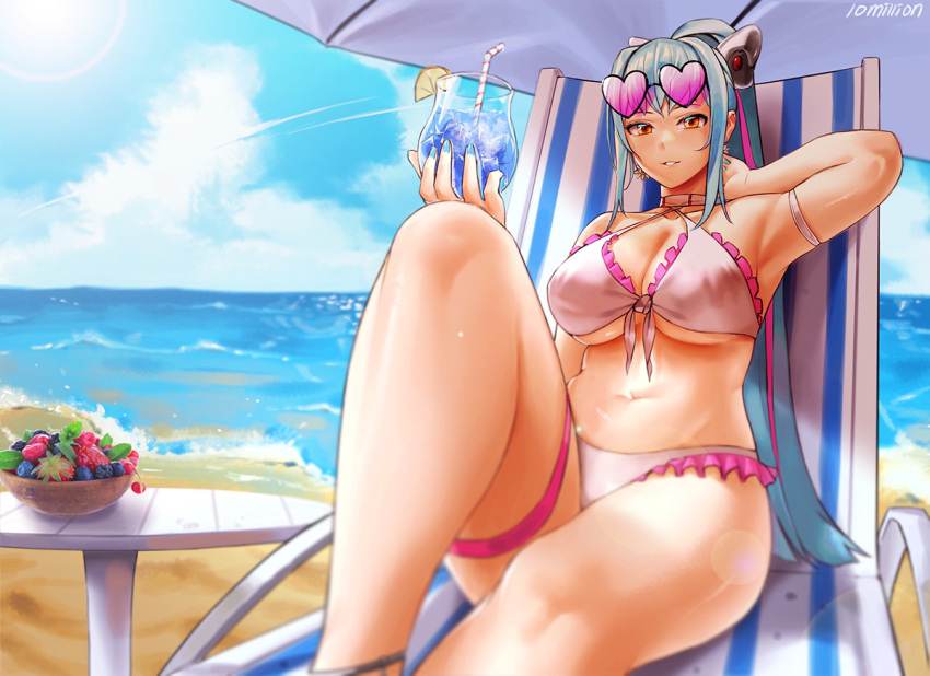 10million armpits beach_umbrella bikini blue_sky breasts day eyewear_on_head hraesvelgr_(last_origin) large_breasts last_origin long_hair looking_at_viewer navel ocean sand sky swimsuit umbrella