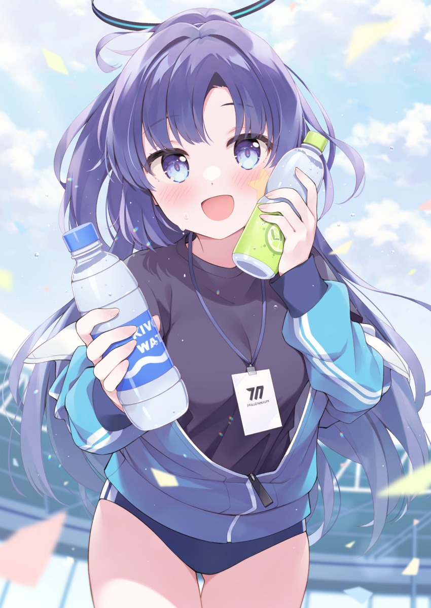 black_shirt blue_archive blue_buruma blue_jacket bottle buruma gym_uniform halo highres id_card jacket kano_hito lanyard official_alternate_costume partially_unzipped ponytail purple_hair shirt star_(symbol) sticker sticker_on_face track_jacket violet_eyes water_bottle yuuka_(blue_archive) yuuka_(gym_uniform)_(blue_archive)