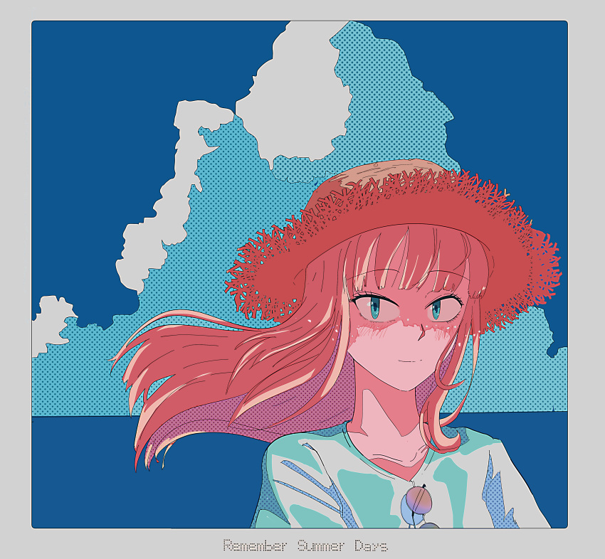 1girl 5_rebbeccas absurdres aqua_eyes aqua_shirt blue_sky blush border brown_hair brown_headwear closed_mouth clouds cloudy_sky commentary day english_text eyewear_hang eyewear_removed floating_hair grey_border halftone hat highres horizon katou_asuka long_hair looking_at_viewer ocean outdoors portrait shirt sky smile solo split_mouth straw_hat sunglasses watashi_ga_motenai_no_wa_dou_kangaetemo_omaera_ga_warui!