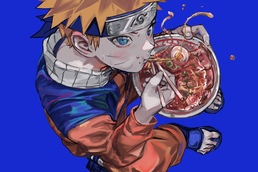 1boy baggy_clothes blonde_hair blue_background blue_eyes blue_footwear blue_headband blush bowl chopsticks eating facial_mark food food_on_face full_body headband high_collar highres holding holding_bowl holding_chopsticks jumpsuit long_sleeves male_focus naruto_(series) noodles orange_jumpsuit ramen rette sandals short_hair solo spiky_hair sweat uzumaki_naruto whisker_markings